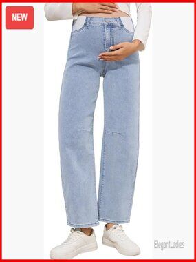 Maternity Mid-Rise Wide Leg Jeans Adjustable Band Stretch Denim Pants